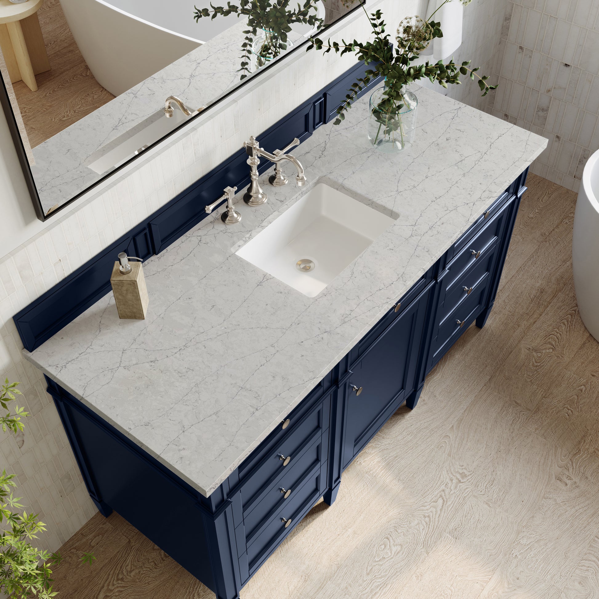 Renovate for Less Atlanta Brittany 60" Single Vanity, Victory Blue w/ 3 CM Eternal Jasmine Pearl Silestone Top