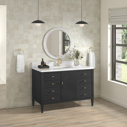 Renovate for Less Atlanta Myrrin 48" Vanity, Carbon Oak w/ Single Hole 3 CM White Zeus Silestone Top & Backsplash