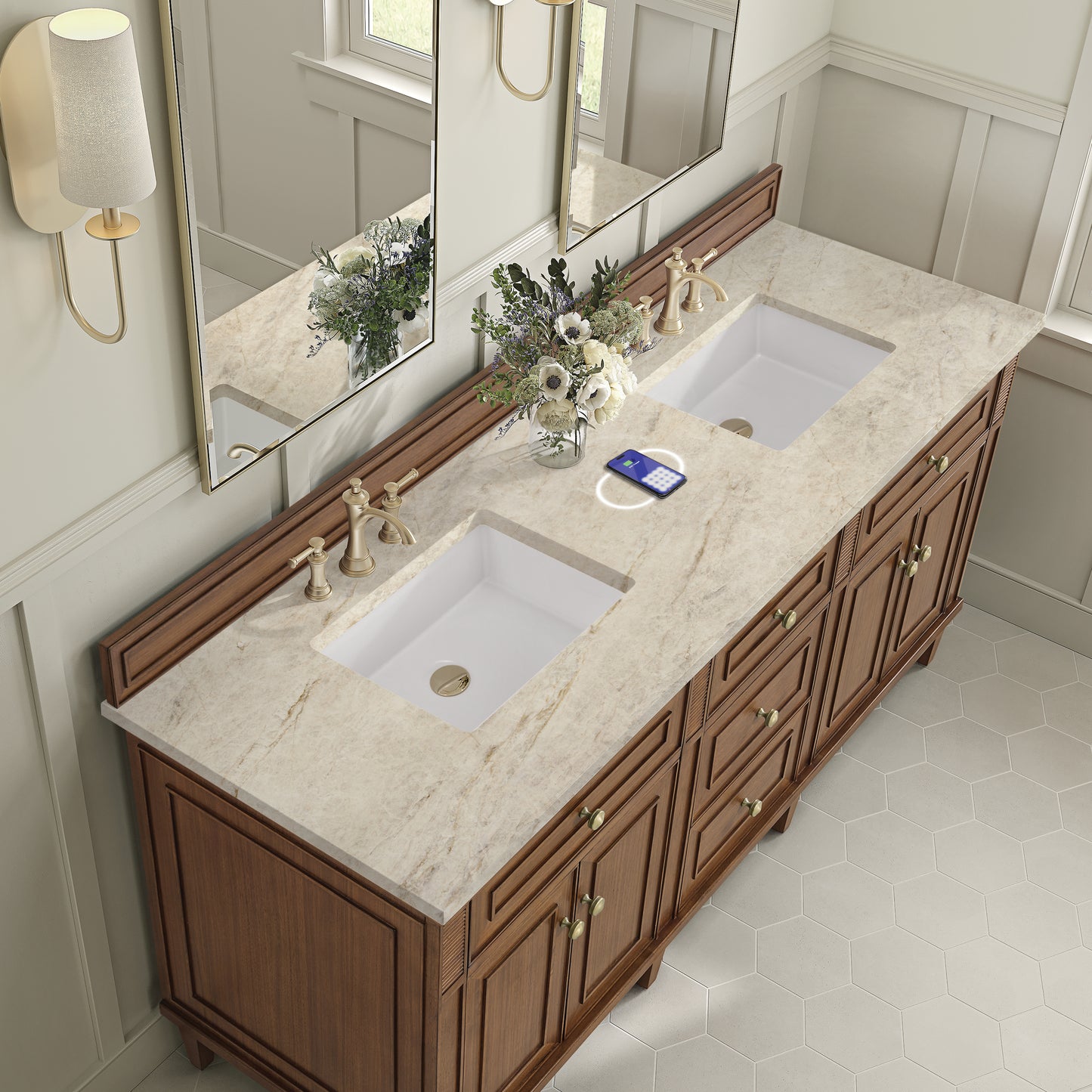 Renovate for Less Atlanta Lorelai 72" Double Vanity, Mid-Century Walnut, w/ 3 CM Tajnar Eclos Top w/FreePower Wireless Charger