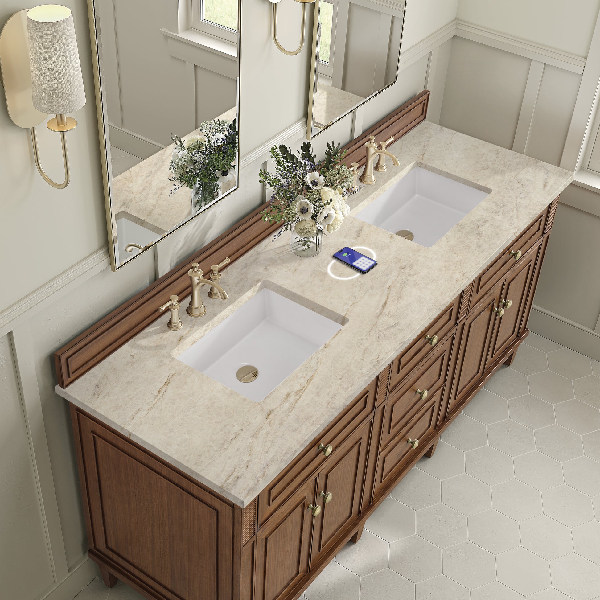 Renovate for Less Atlanta Lorelai 72" Double Vanity, Mid-Century Walnut, w/ 3 CM Tajnar Eclos Top w/FreePower Wireless Charger