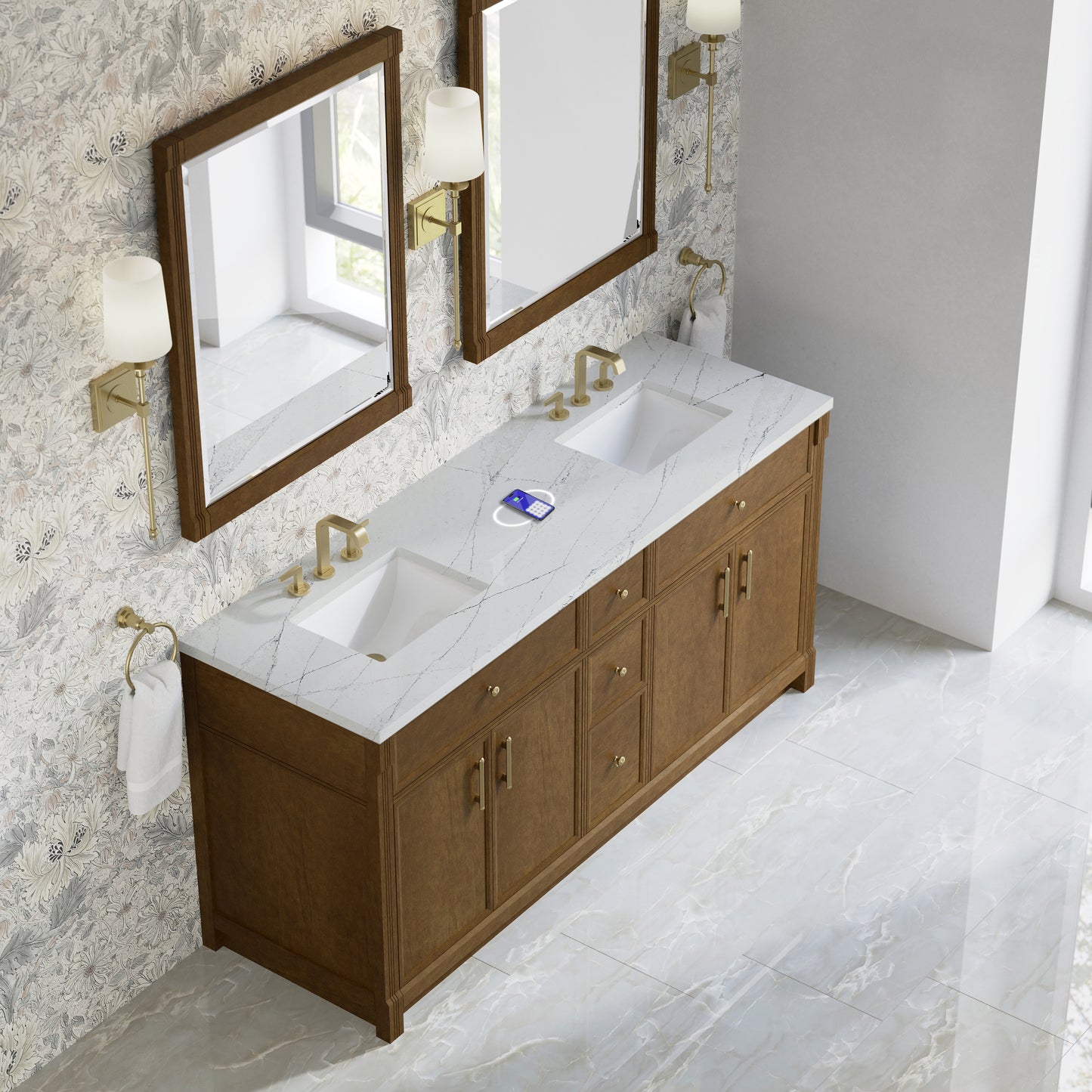 Renovate for Less Atlanta Bellshire 72" Double Vanity, Honey Oak w/ 3 CM Ethereal Noctis Silestone Top w/FreePower Wireless Charger