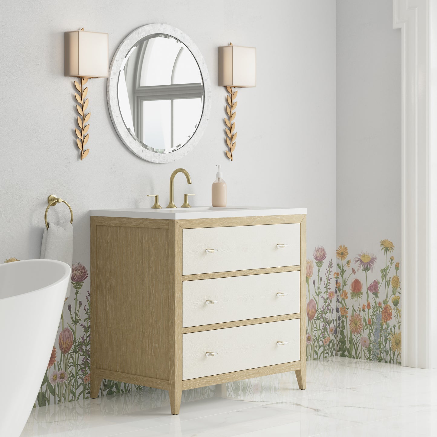 Renovate for Less Atlanta Celeste 36" Single Vanity, Sunwashed Oak with Embossed Shagreen w/ 3 CM White Zeus Silestone Top