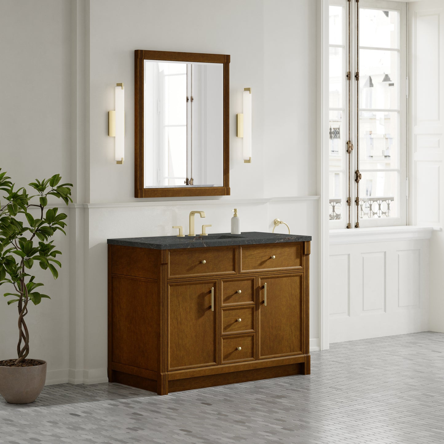 Renovate for Less Atlanta Bellshire 48" Single Vanity, Honey Oak w/ 3 CM Parisien Bleu Silestone Top