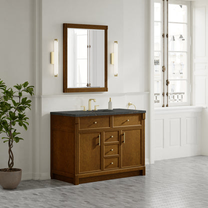 Renovate for Less Atlanta Bellshire 48" Single Vanity, Honey Oak w/ 3 CM Parisien Bleu Silestone Top