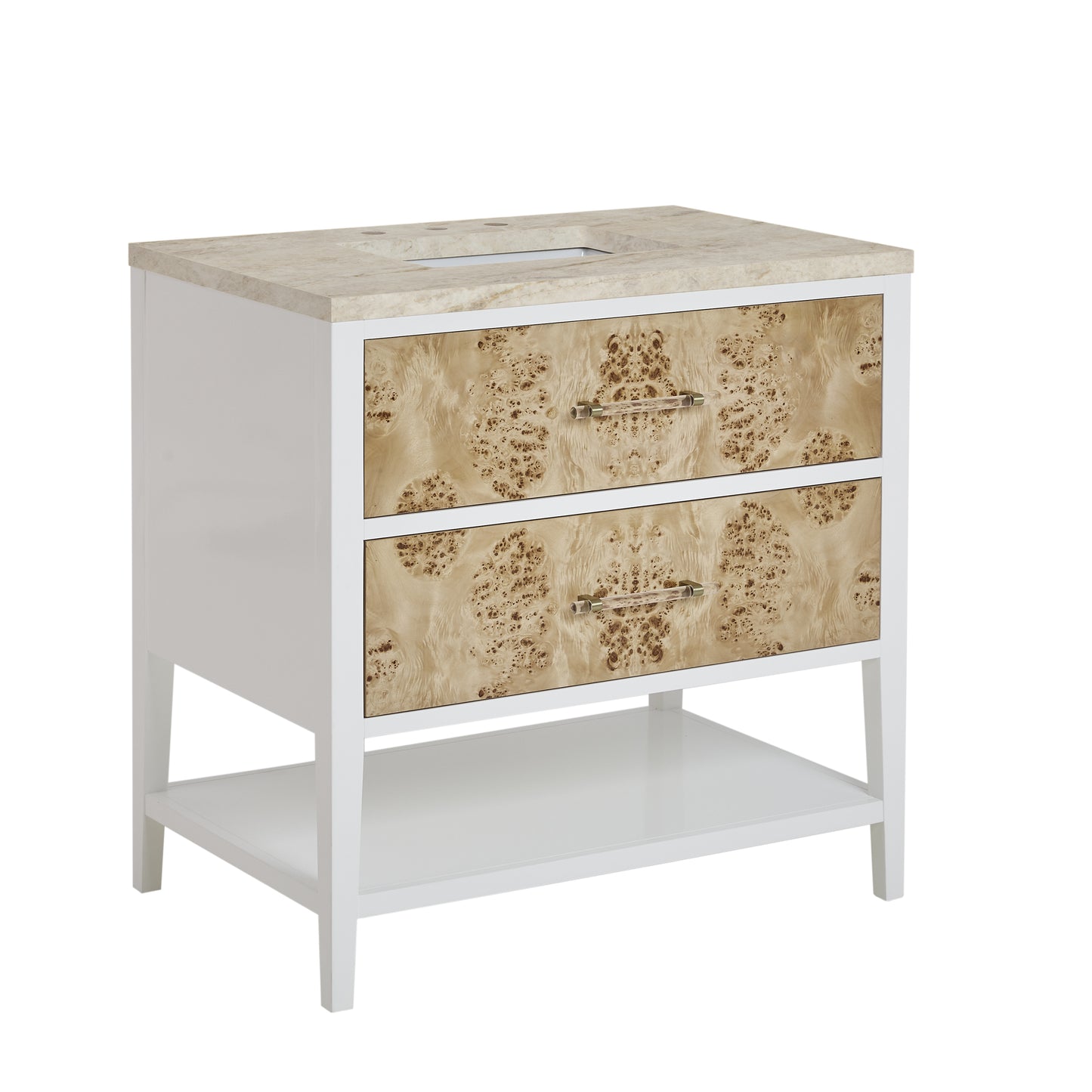 Renovate for Less Atlanta Olena 36" Single Vanity, Light Mappa Burl and Polished White, w/ 3 CM Tajnar Eclos Top