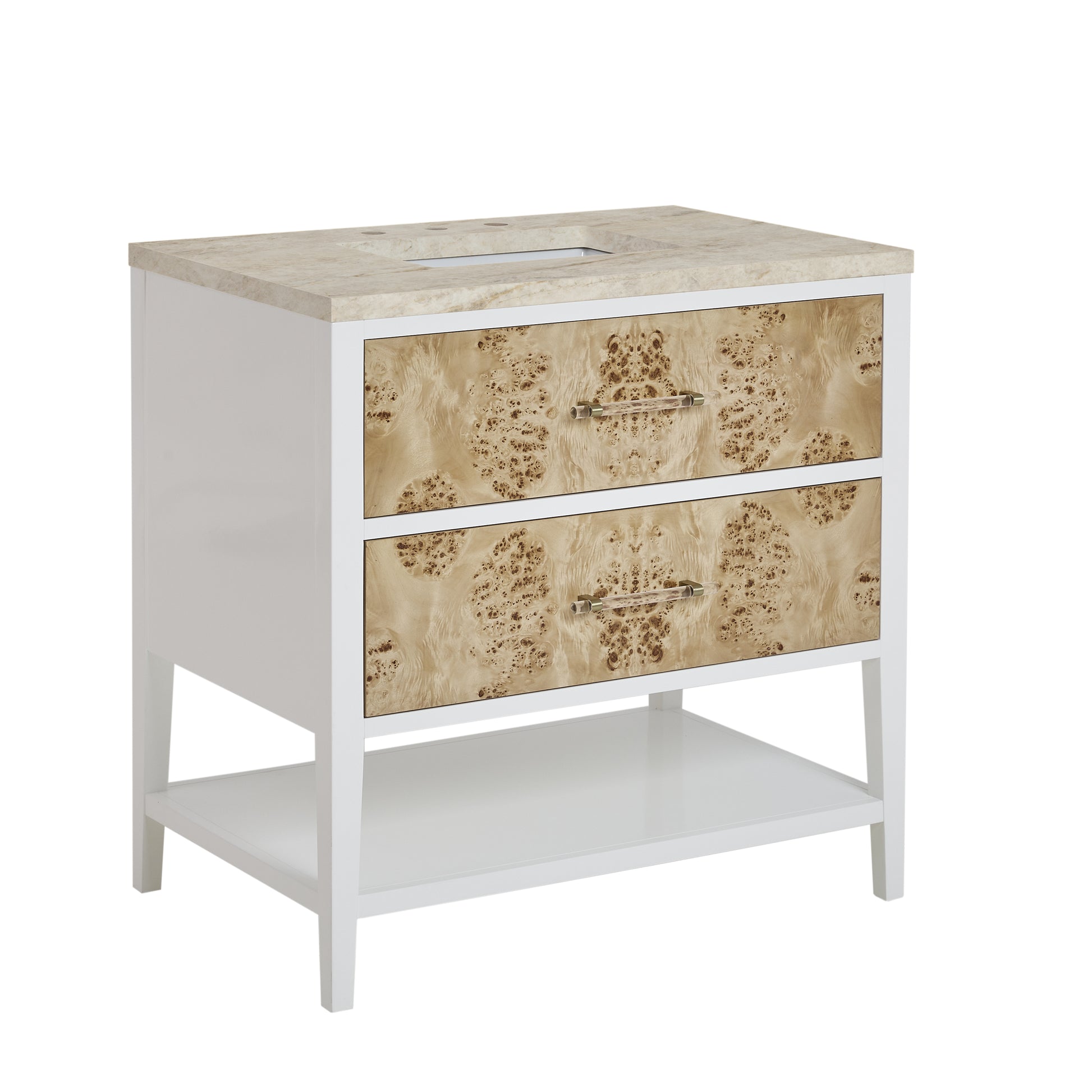 Renovate for Less Atlanta Olena 36" Single Vanity, Light Mappa Burl and Polished White, w/ 3 CM Tajnar Eclos Top