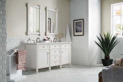 Renovate for Less Atlanta Brittany 60" Double Vanity, Bright White Vanity w/ 3 CM Eternal Jasmine Pearl Silestone Top w/FreePower Wireless Charger