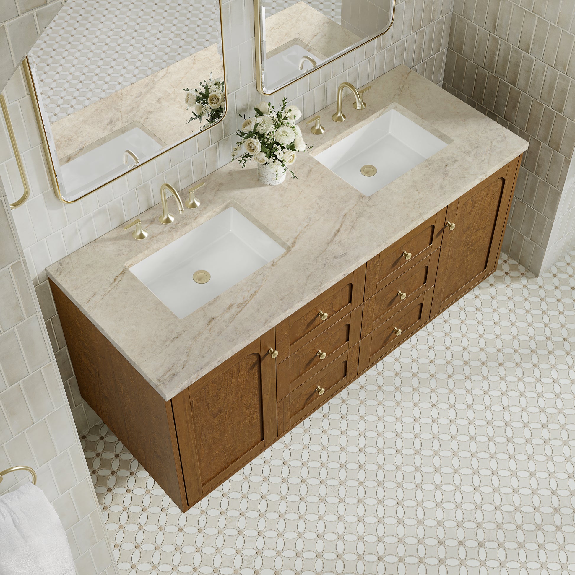 Renovate for Less Atlanta Laurent 60" Double Vanity, Honey Oak w/ 3 CM Tajnar Eclos Top