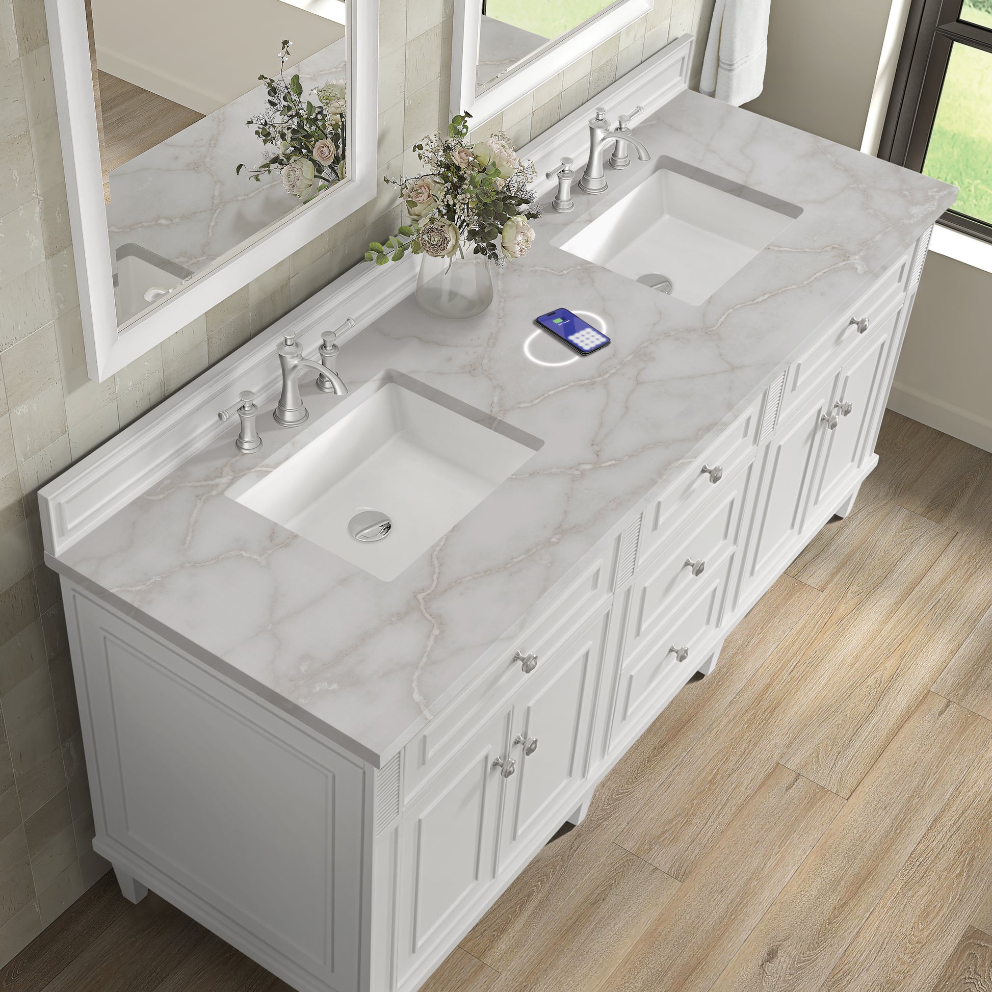 Renovate for Less Atlanta Lorelai 72" Double Vanity, Bright White w/ 3 CM Victorian Silver Silestone Top w/FreePower Wireless Charger