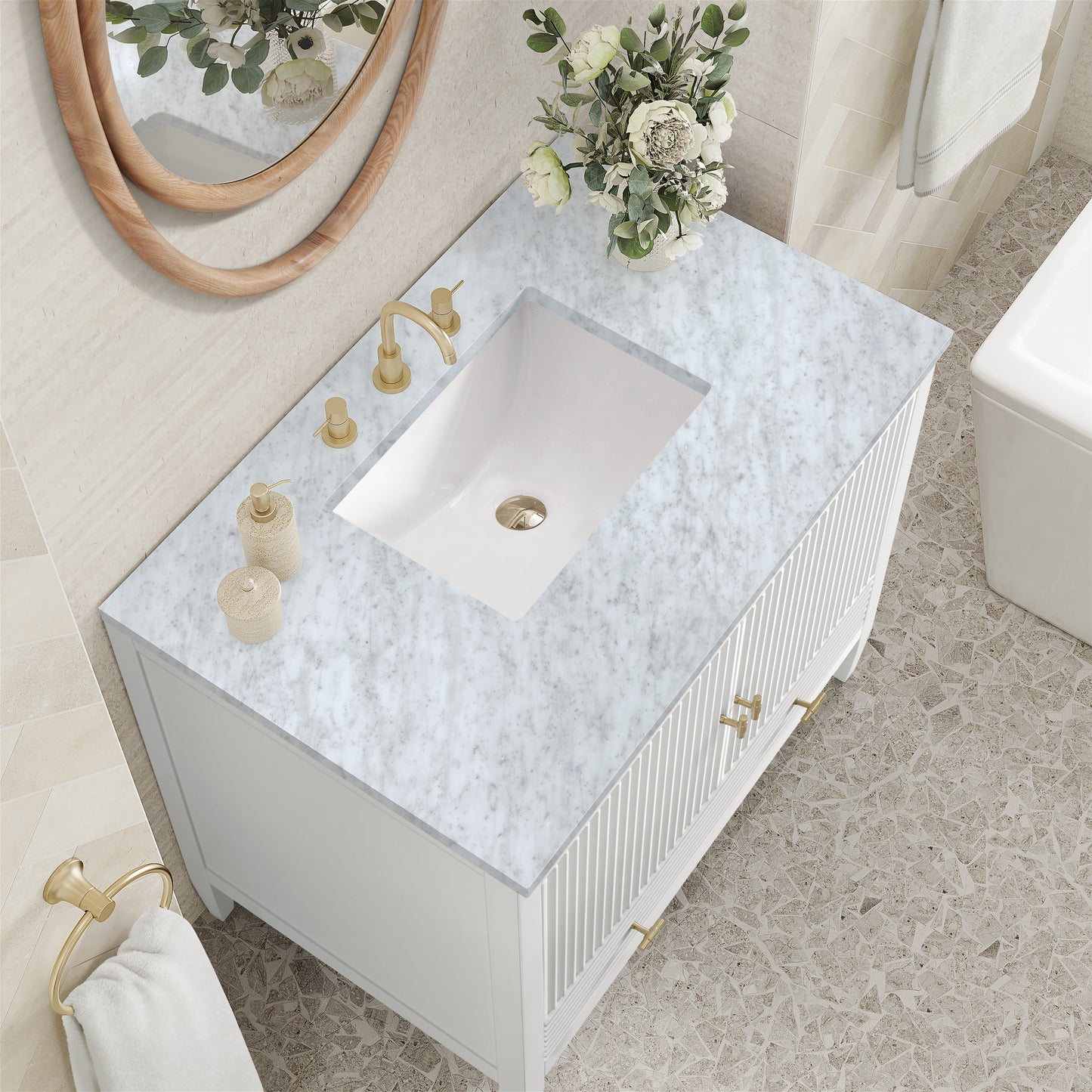 Renovate for Less Atlanta Myrrin 36" Vanity, Bright White w/ 3 CM Carrara White Marble Top