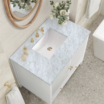 Myrrin 36" Vanity, Bright White w/ 3 CM Carrara White Marble Top