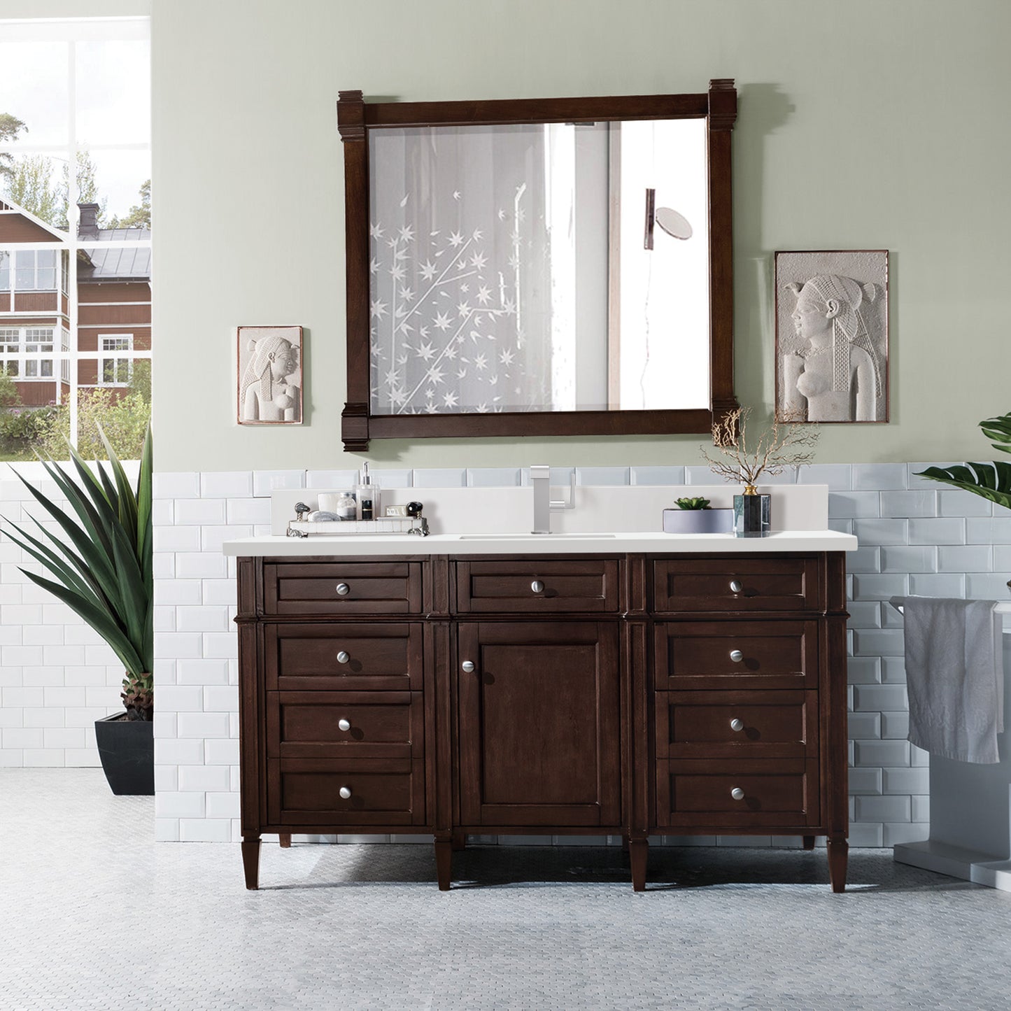 Renovate for Less Atlanta Brittany 60" Single Vanity, Burnished Mahogany w/ Single Hole 3 CM White Zeus Silestone Top & Backsplash