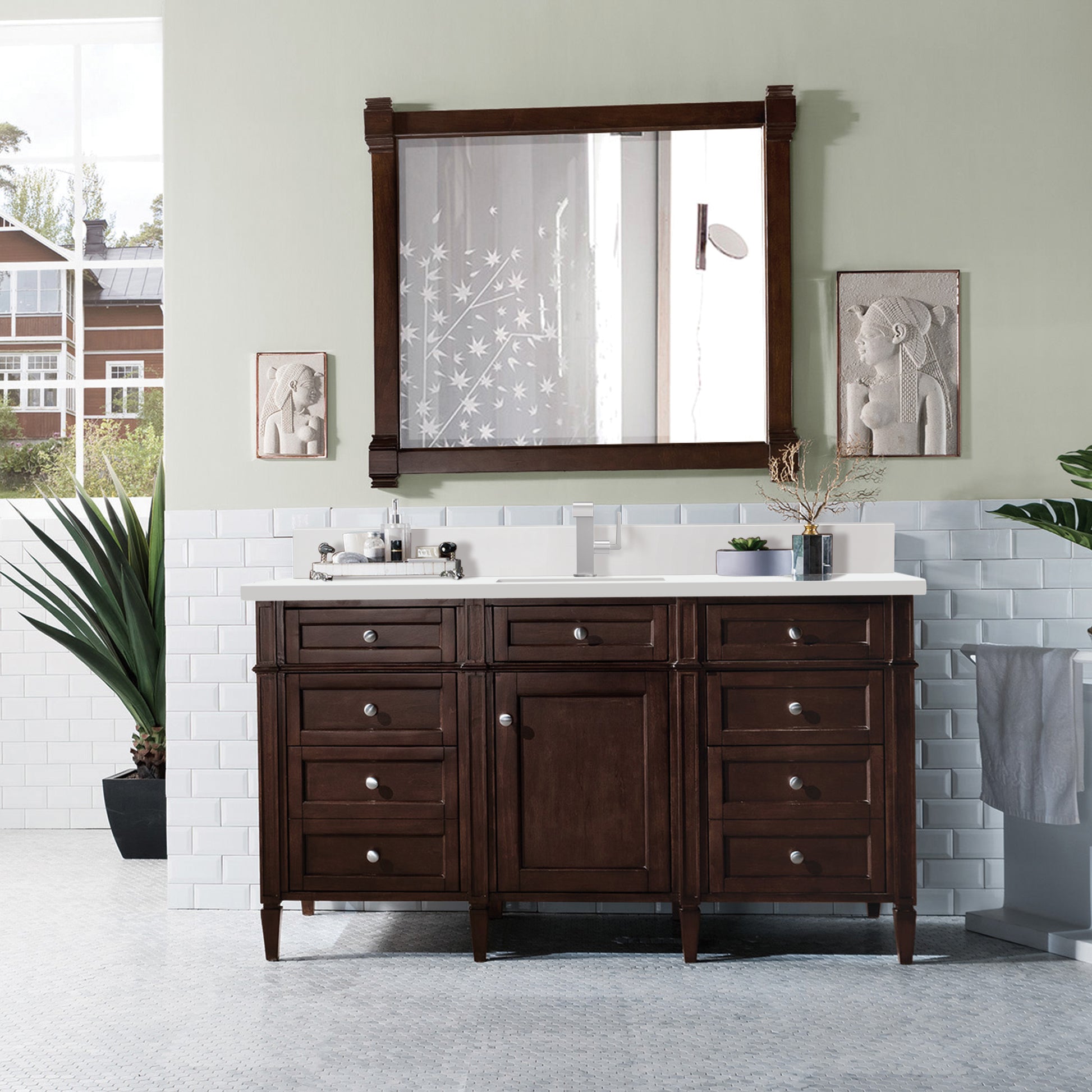 Renovate for Less Atlanta Brittany 60" Single Vanity, Burnished Mahogany w/ Single Hole 3 CM White Zeus Silestone Top & Backsplash