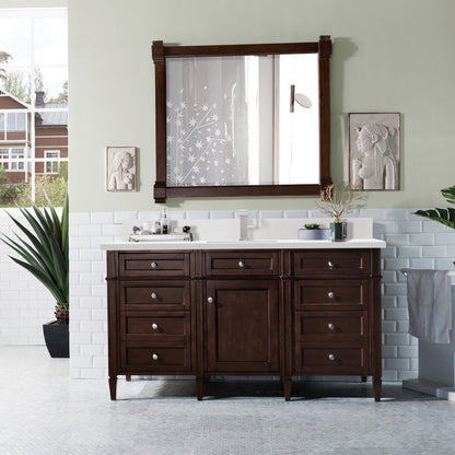 Renovate for Less Atlanta Brittany 60" Single Vanity, Burnished Mahogany w/ Single Hole 3 CM White Zeus Silestone Top & Backsplash
