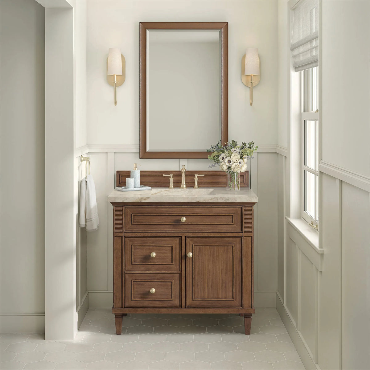 Lorelai 36" Single Vanity, Mid-Century Walnut, w/ 3 CM Tajnar Eclos Top