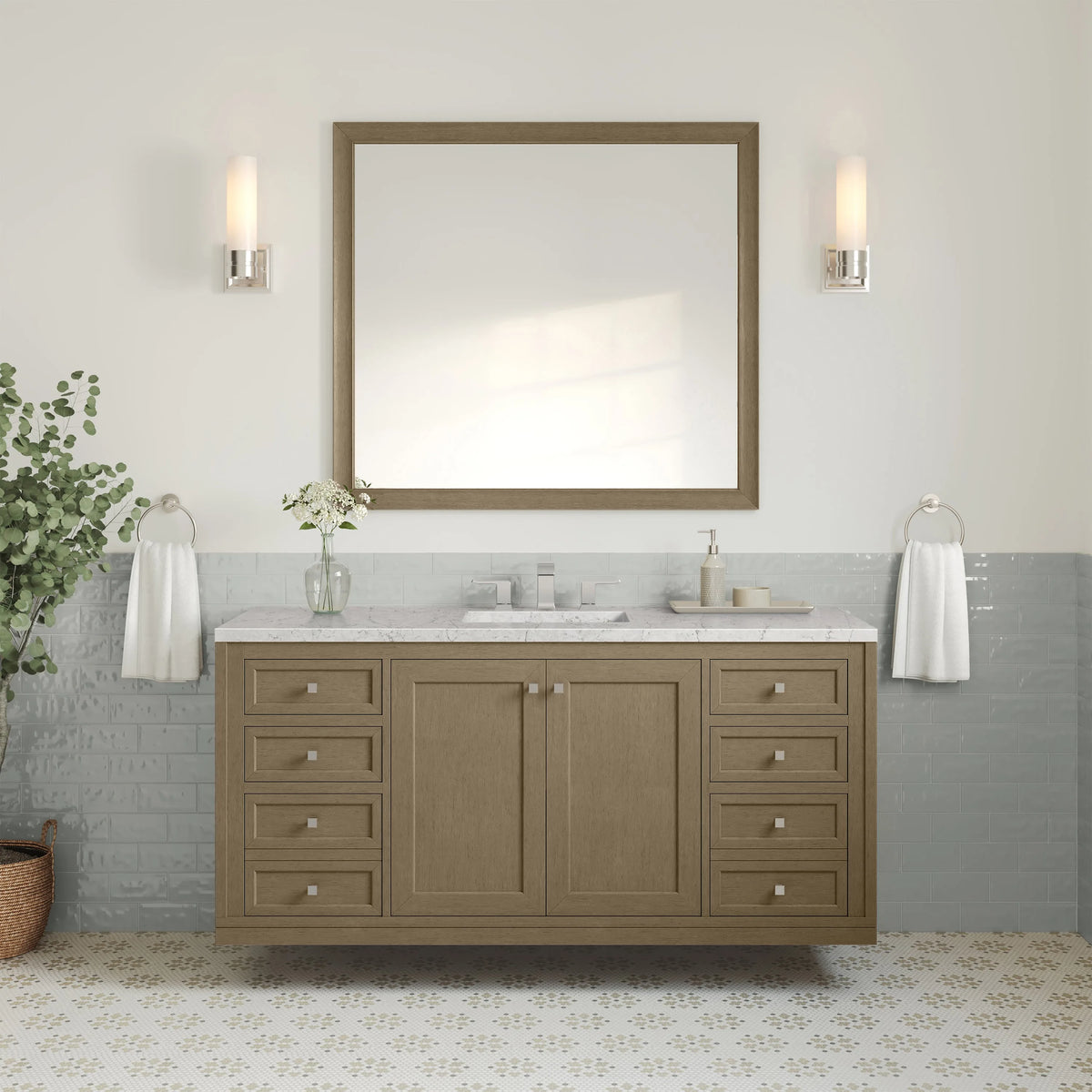 Chicago 60" Single Vanity, Walnut Whisper, w/ 3 CM Eternal Jasmine Pearl Silestone Top w/ FreePower Wireless Charger