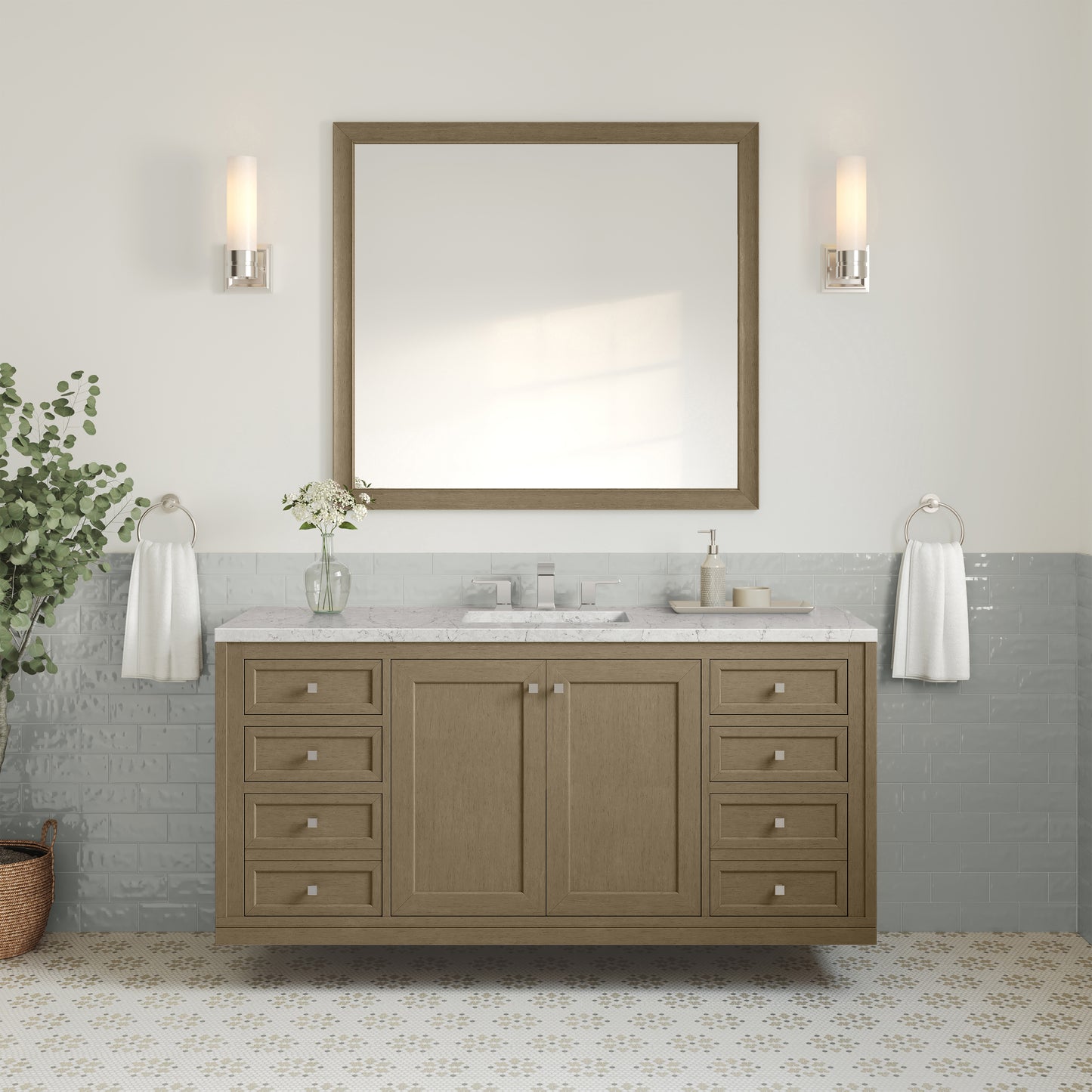 Renovate for Less Atlanta Chicago 60" Single Vanity, Walnut Whisper, w/ 3 CM Eternal Jasmine Pearl Silestone® Top