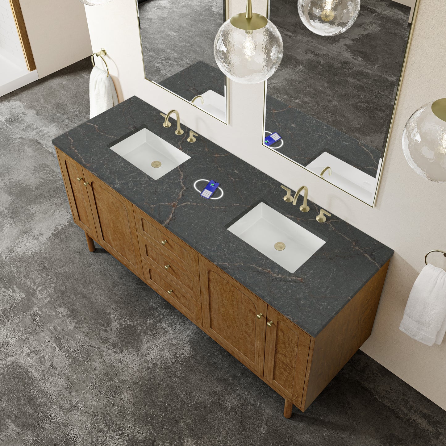 Renovate for Less Atlanta Laurent 72" Double Vanity, Honey Oak w/ 3 CM Parisien Bleu Silestone Top w/FreePower Wireless Charger