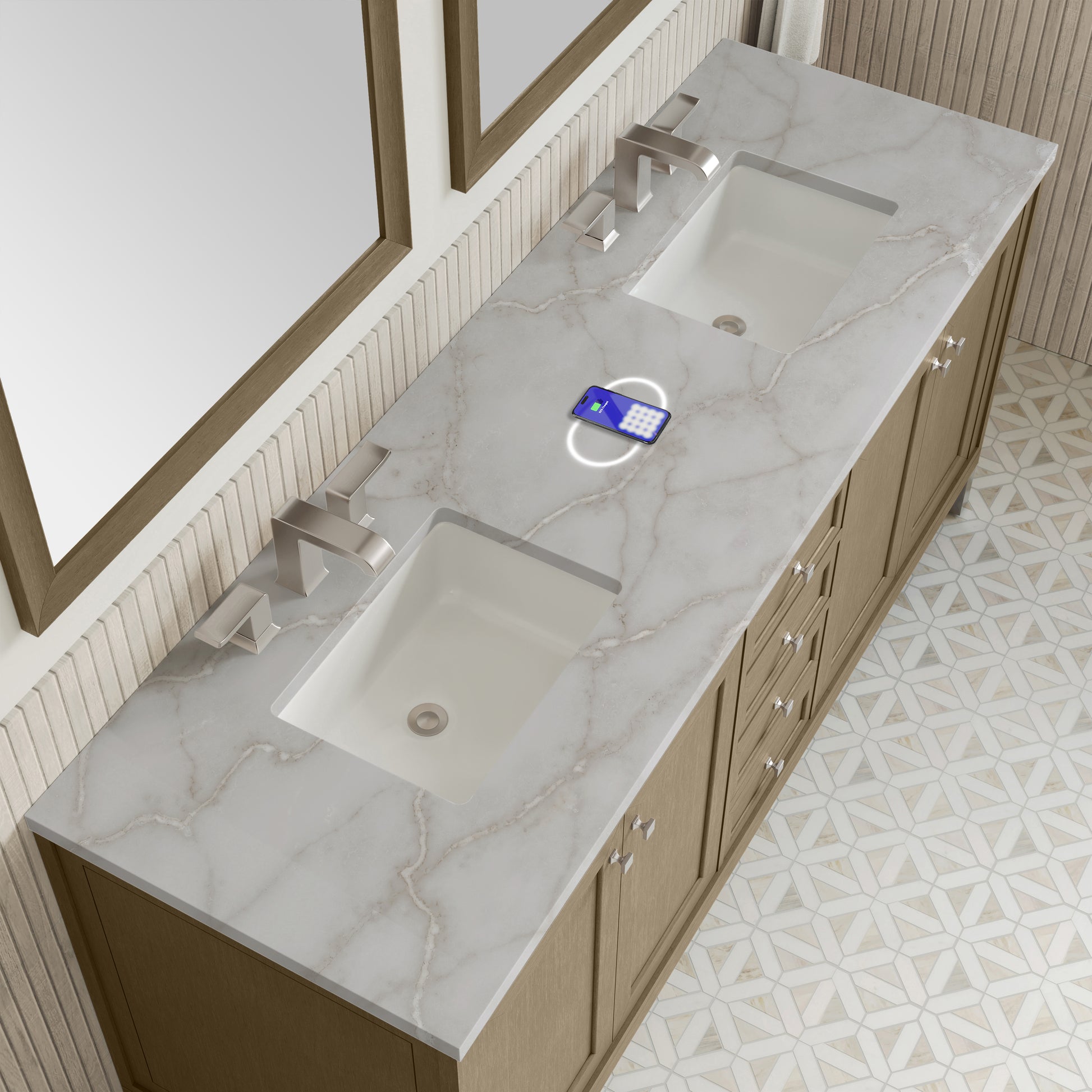 Renovate for Less Atlanta Chicago 72" Double Vanity, Walnut Whisper, w/ 3 CM Victorian Silver Silestone Top w/ FreePower Wireless Charger