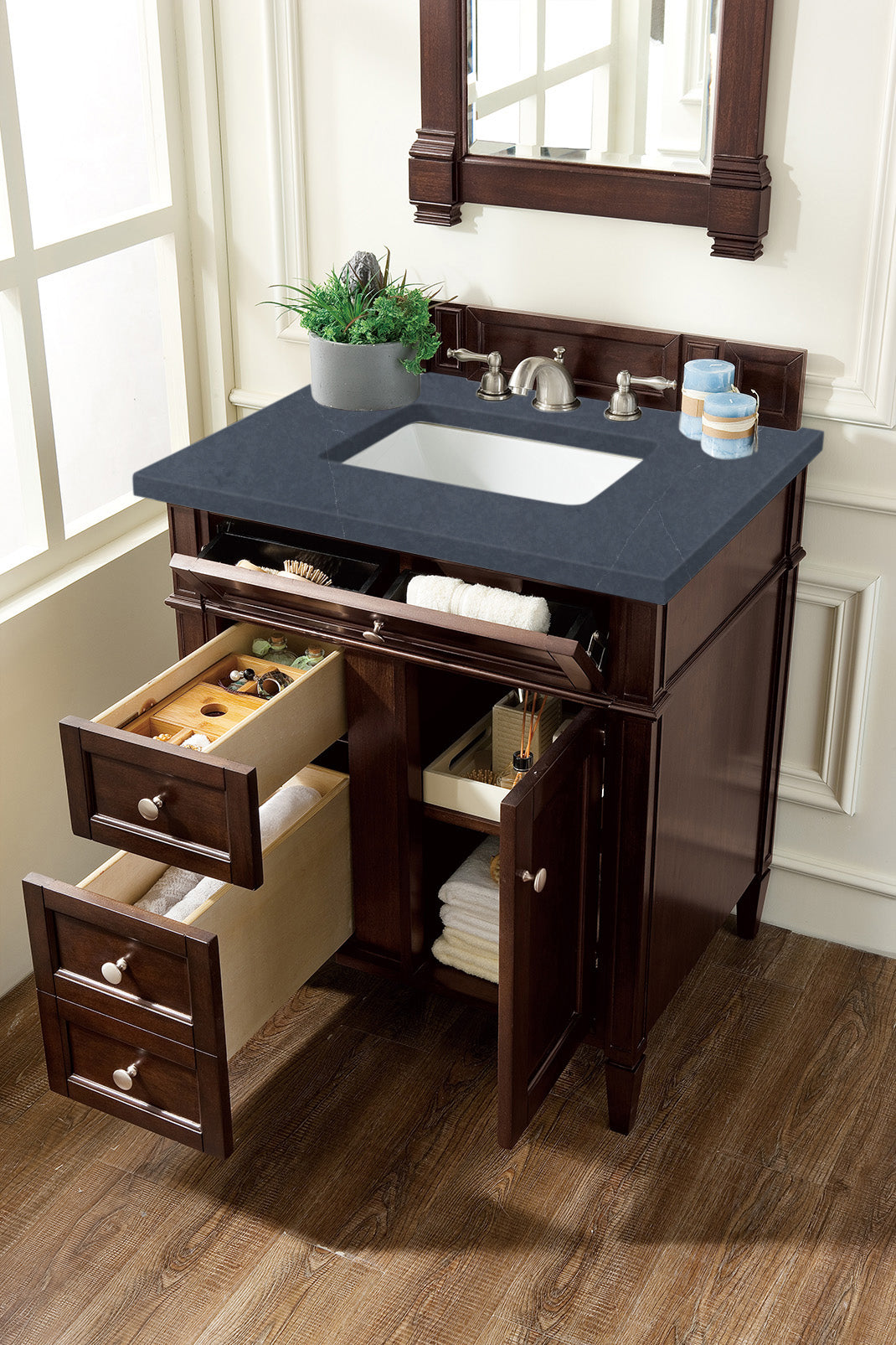 Renovate for Less Atlanta Brittany 30" Single Vanity, Burnished Mahogany, w/ 3 CM Charcoal Soapstone Silestone Top