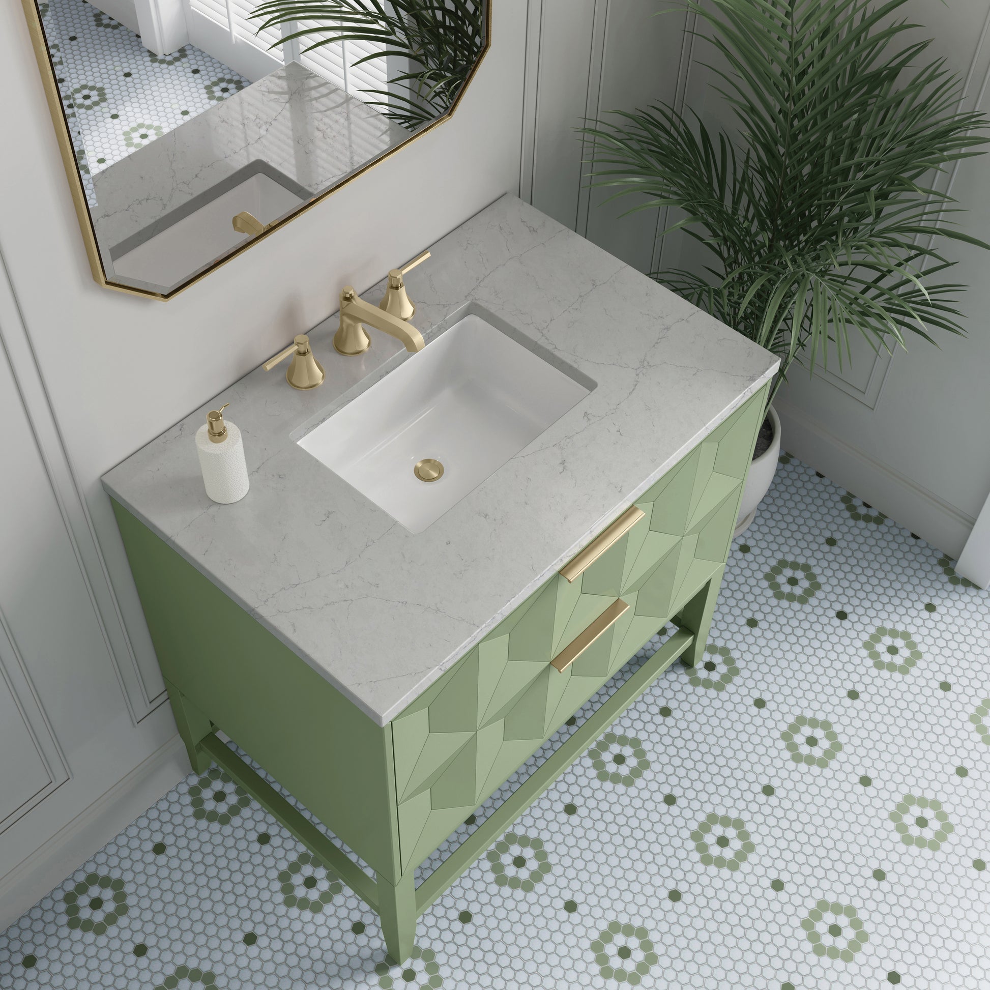 Renovate for Less Atlanta Emmeline 36" Single Vanity, Pistachio w/ 3 CM Eternal Jasmine Pearl Top