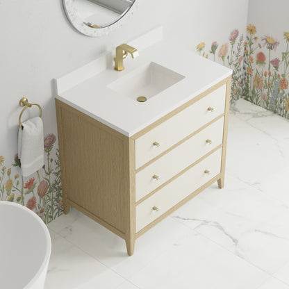 Renovate for Less Atlanta Celeste 36" Single Vanity, Sunwashed Oak with Embossed Shagreen w/ Single Hole 3 CM White Zeus Silestone Top & Backsplash