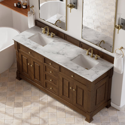 Renovate for Less Atlanta Brookfield 72" Double Vanity, Honey Oak w/3 CM Carrara White Marble Top