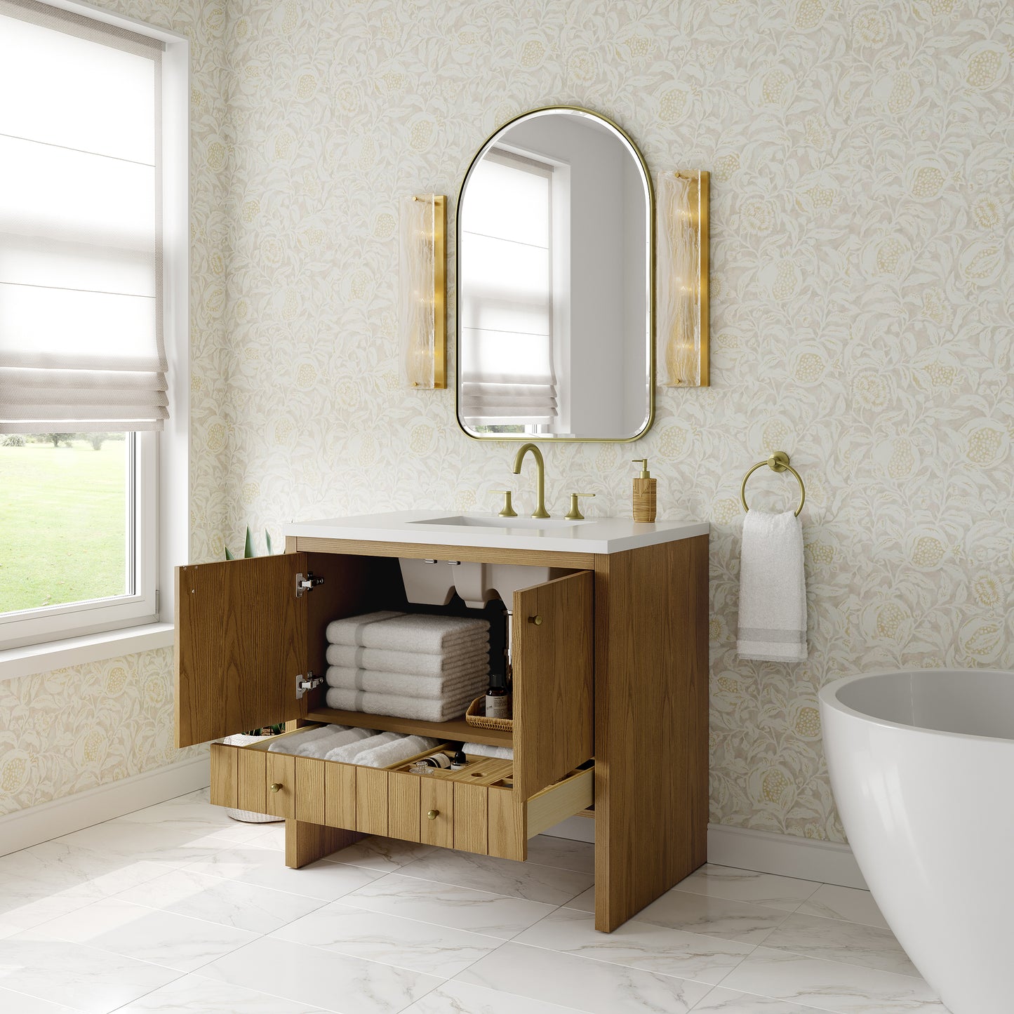 Renovate for Less Atlanta Hudson 36" Single Vanity, Light Natural Oak w/ 3 CM White Zeus Top