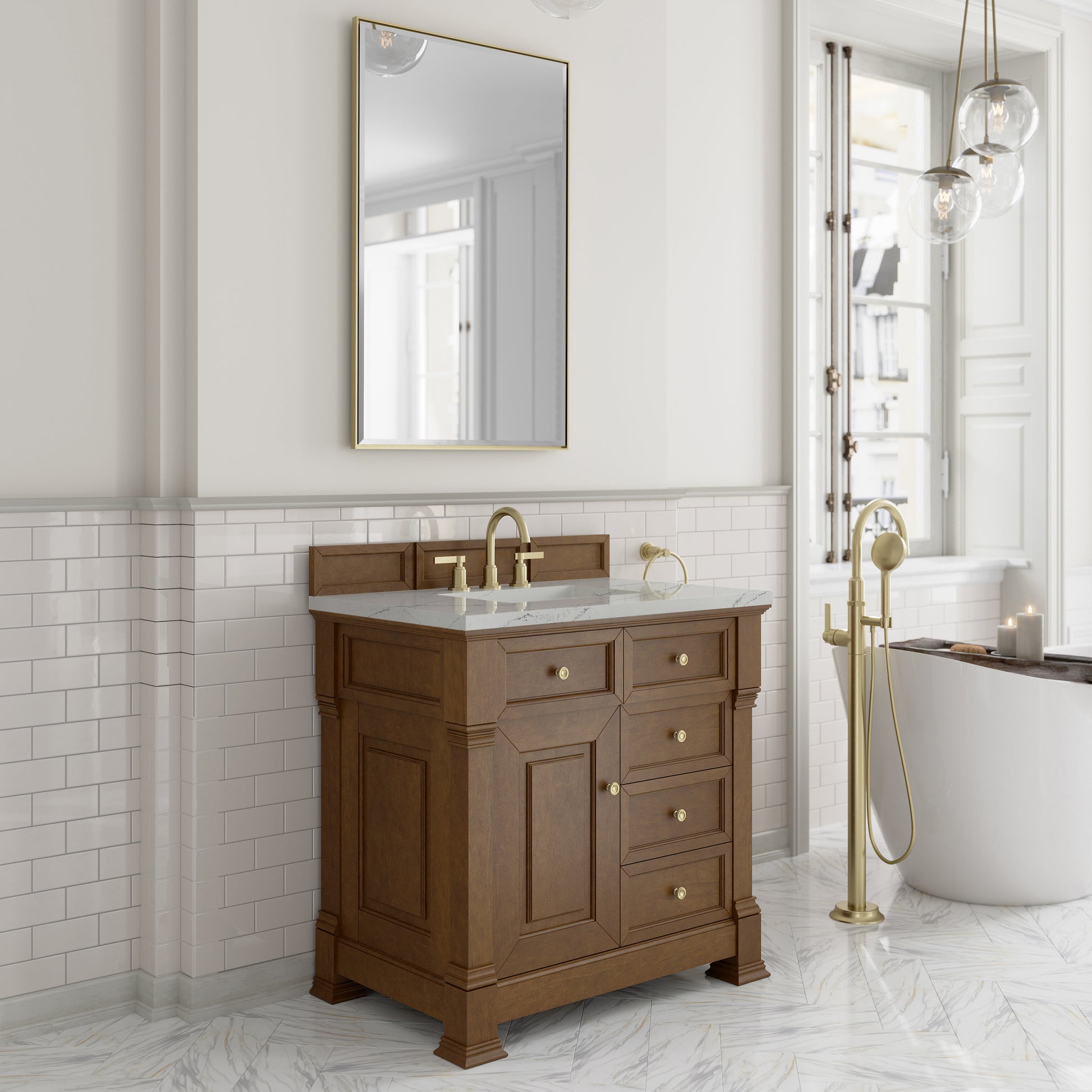 Renovate for Less Atlanta Brookfield 36" Single Vanity, Honey Oak w/ 3 CM Ethereal Noctis Silestone Top