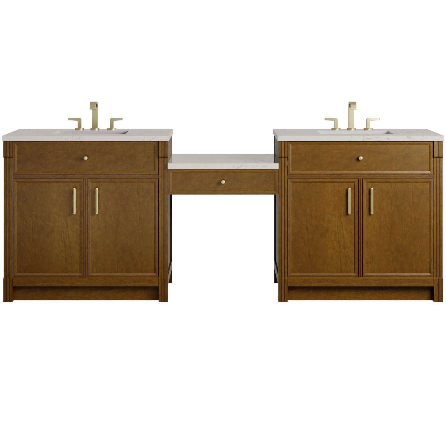 Renovate for Less Atlanta Bellshire 96" Dual Vanity Set with 24" Make-Up Counter, Honey Oak w/3 cm Siberian Silestone Top