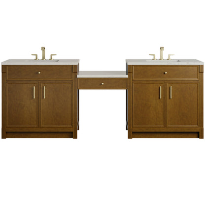 Renovate for Less Atlanta Bellshire 96" Dual Vanity Set with 24" Make-Up Counter, Honey Oak w/3 cm Siberian Silestone Top