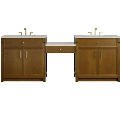 Bellshire 96" Dual Vanity Set with 24" Make-Up Counter, Honey Oak w/3 cm Siberian Silestone Top