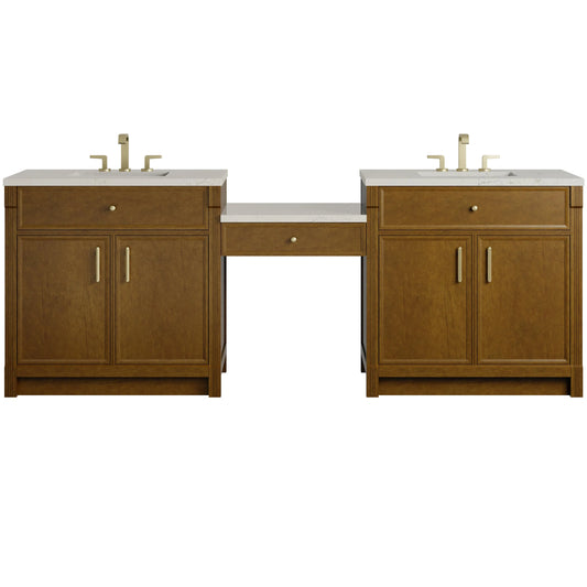 Bellshire 96" Dual Vanity Set with 24" Make-Up Counter, Honey Oak w/3 cm Siberian Silestone Top