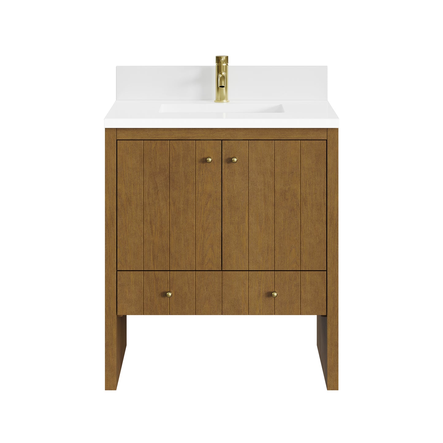 Renovate for Less Atlanta Hudson 30" Single Vanity, Honey Oak w/ Single Hole 3 CM White Zeus Silestone Top and Matching Backsplash