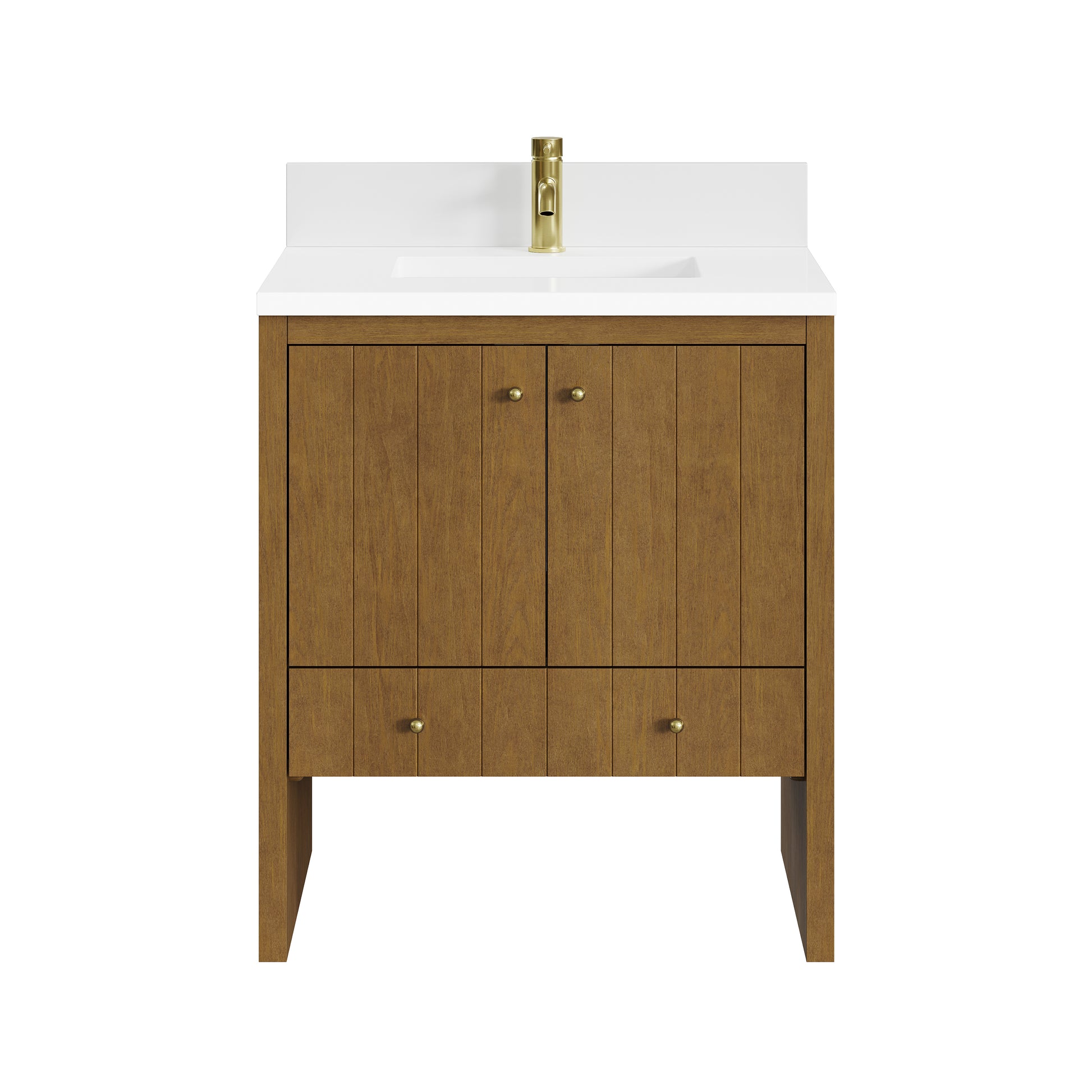 Renovate for Less Atlanta Hudson 30" Single Vanity, Honey Oak w/ Single Hole 3 CM White Zeus Silestone Top and Matching Backsplash