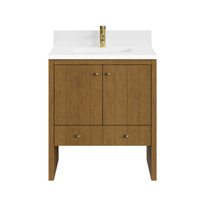 Renovate for Less Atlanta Hudson 30" Single Vanity, Honey Oak w/ Single Hole 3 CM White Zeus Silestone Top and Matching Backsplash