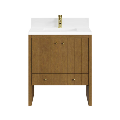 Hudson 30" Single Vanity, Honey Oak w/ Single Hole 3 CM White Zeus Silestone Top and Matching Backsplash