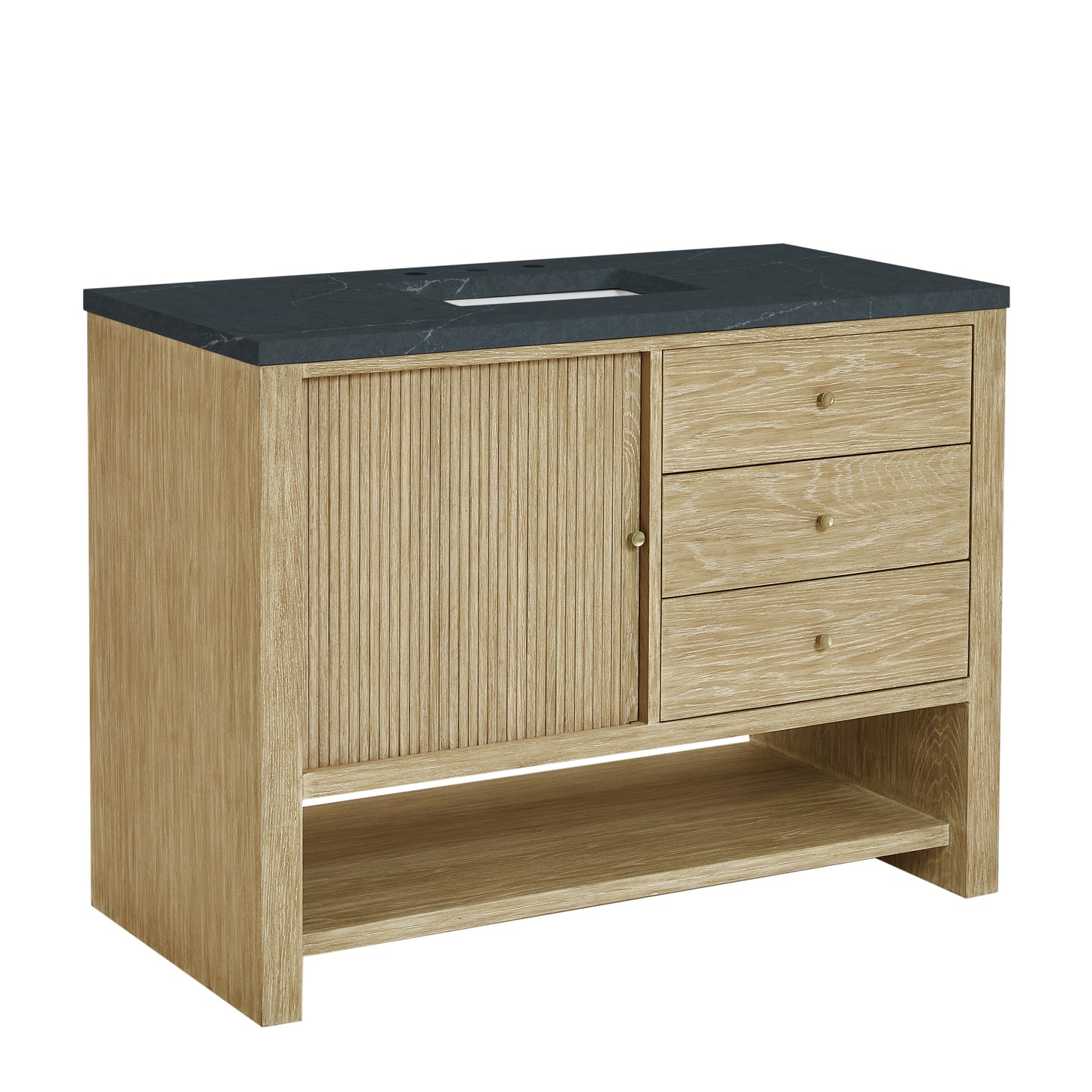 Renovate for Less Atlanta Marigot 48" Single Vanity, Sunwashed Oak w/ 3 CM Charcoal Soapstone Silestone Top