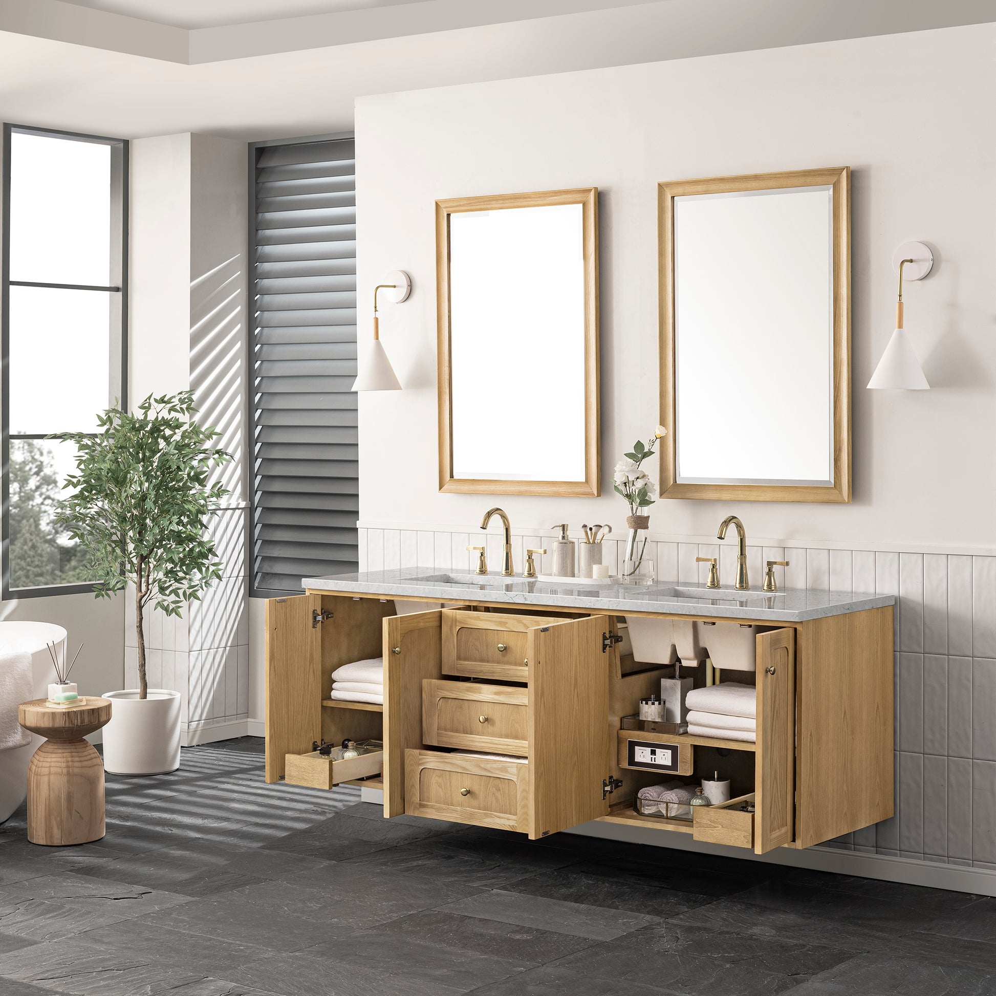 Renovate for Less Atlanta Laurent 72" Double Vanity, Light Natural Oak w/ 3 CM Eternal Jasmine Pearl Top w/FreePower Wireless Charger