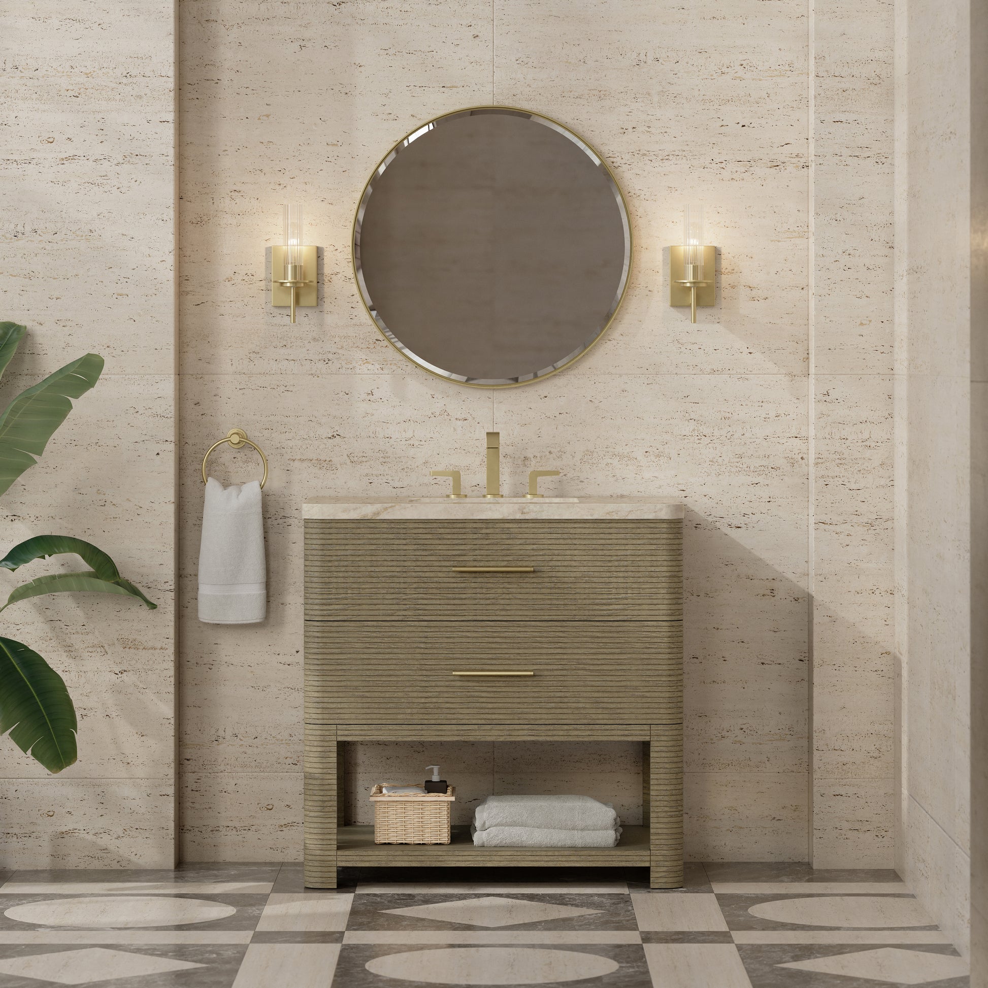 Renovate for Less Atlanta Lucian 36" Single Vanity, Pebble Oak, w/ 3 CM Tajnar Eclos Widespread Top