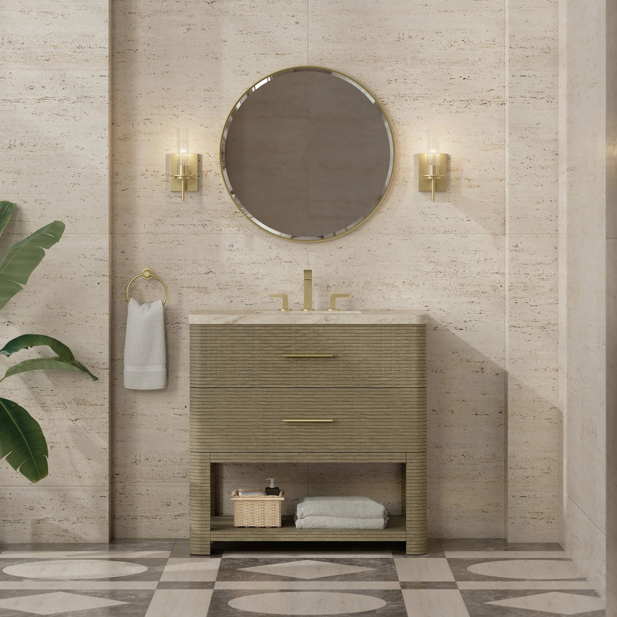 Lucian 36" Single Vanity, Pebble Oak, w/ 3 CM Tajnar Eclos Widespread Top