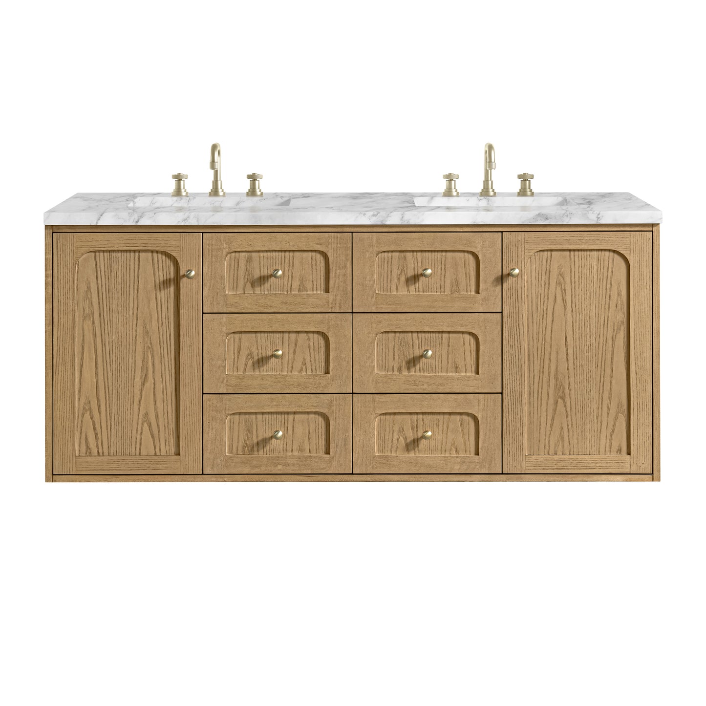 Renovate for Less Atlanta Laurent 60" Double Vanity, Light Natural Oak, w/ 3 CM Carrara Marble Top