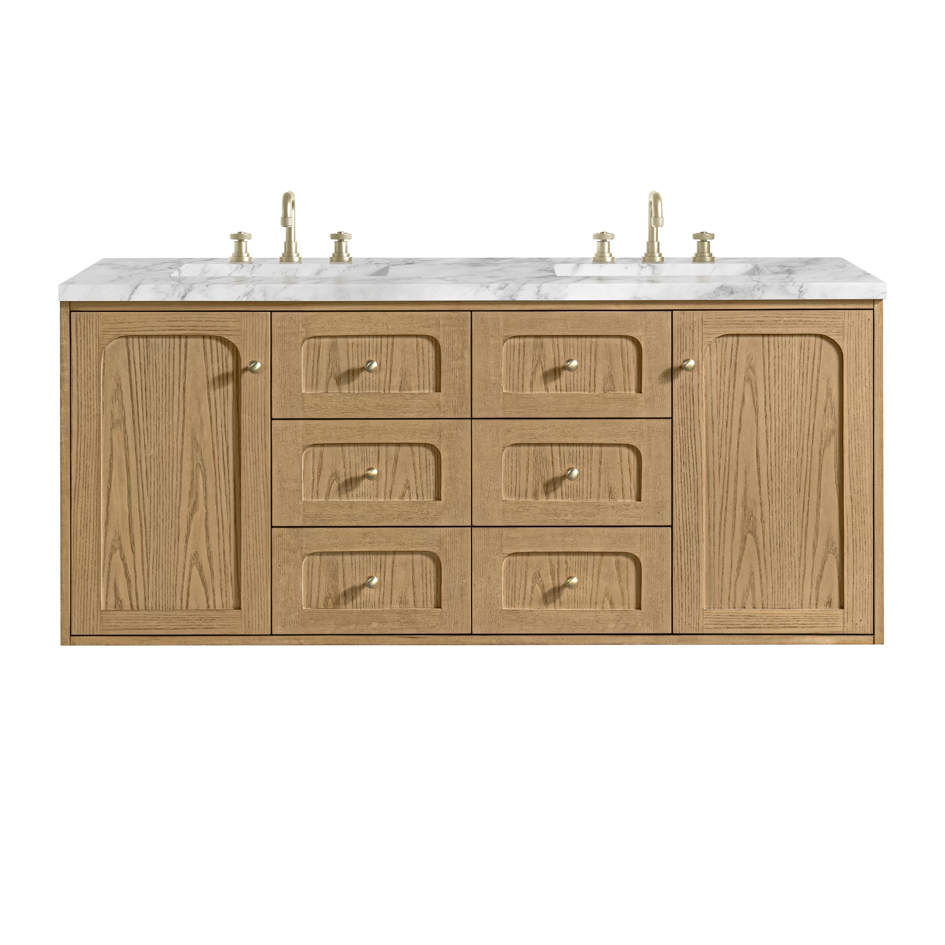 Renovate for Less Atlanta Laurent 60" Double Vanity, Light Natural Oak, w/ 3 CM Carrara Marble Top