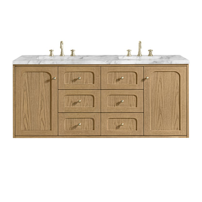 Renovate for Less Atlanta Laurent 60" Double Vanity, Light Natural Oak, w/ 3 CM Carrara Marble Top