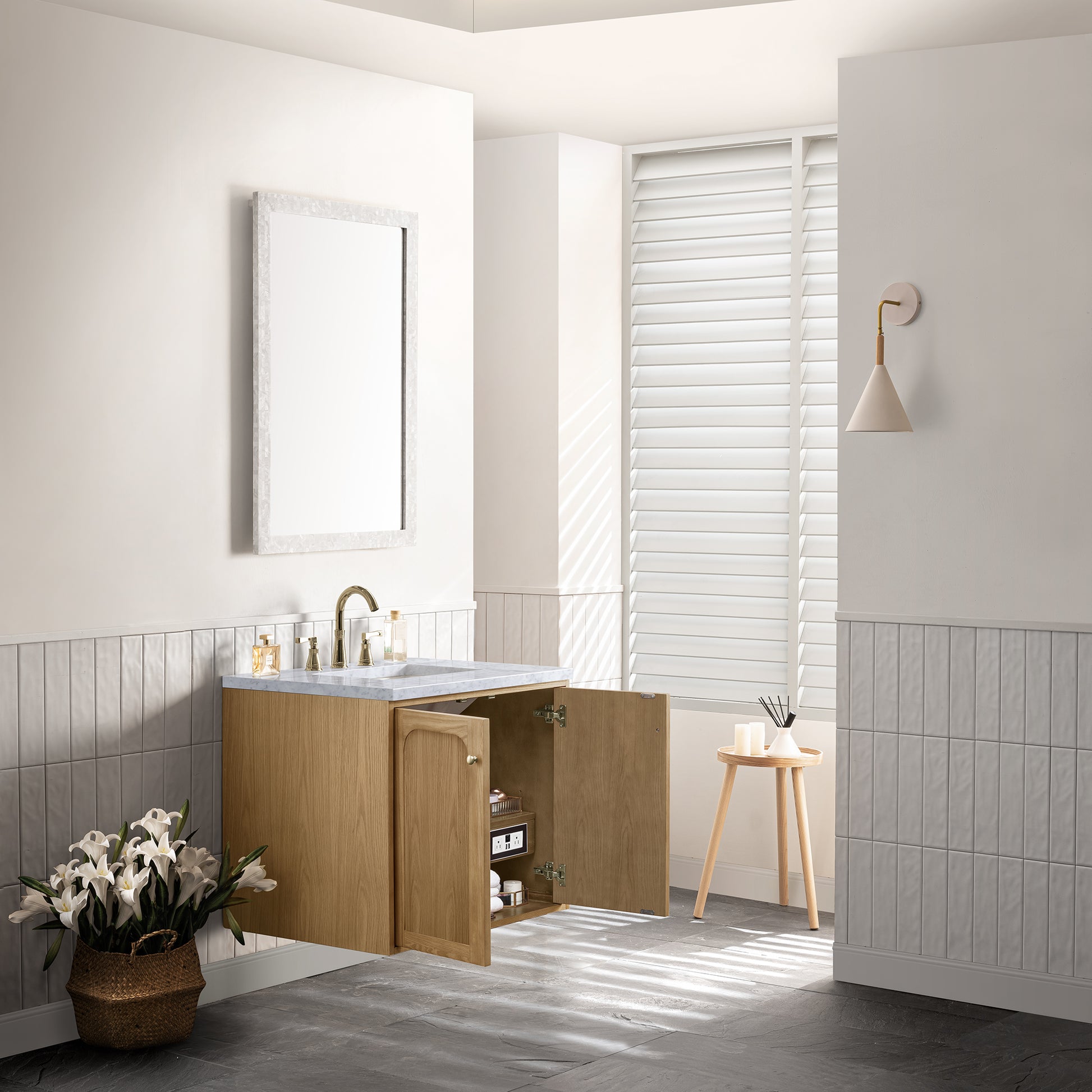 Renovate for Less Atlanta Laurent 30" Single Vanity, Light Natural Oak w/ 3 CM Carrara Marble Top