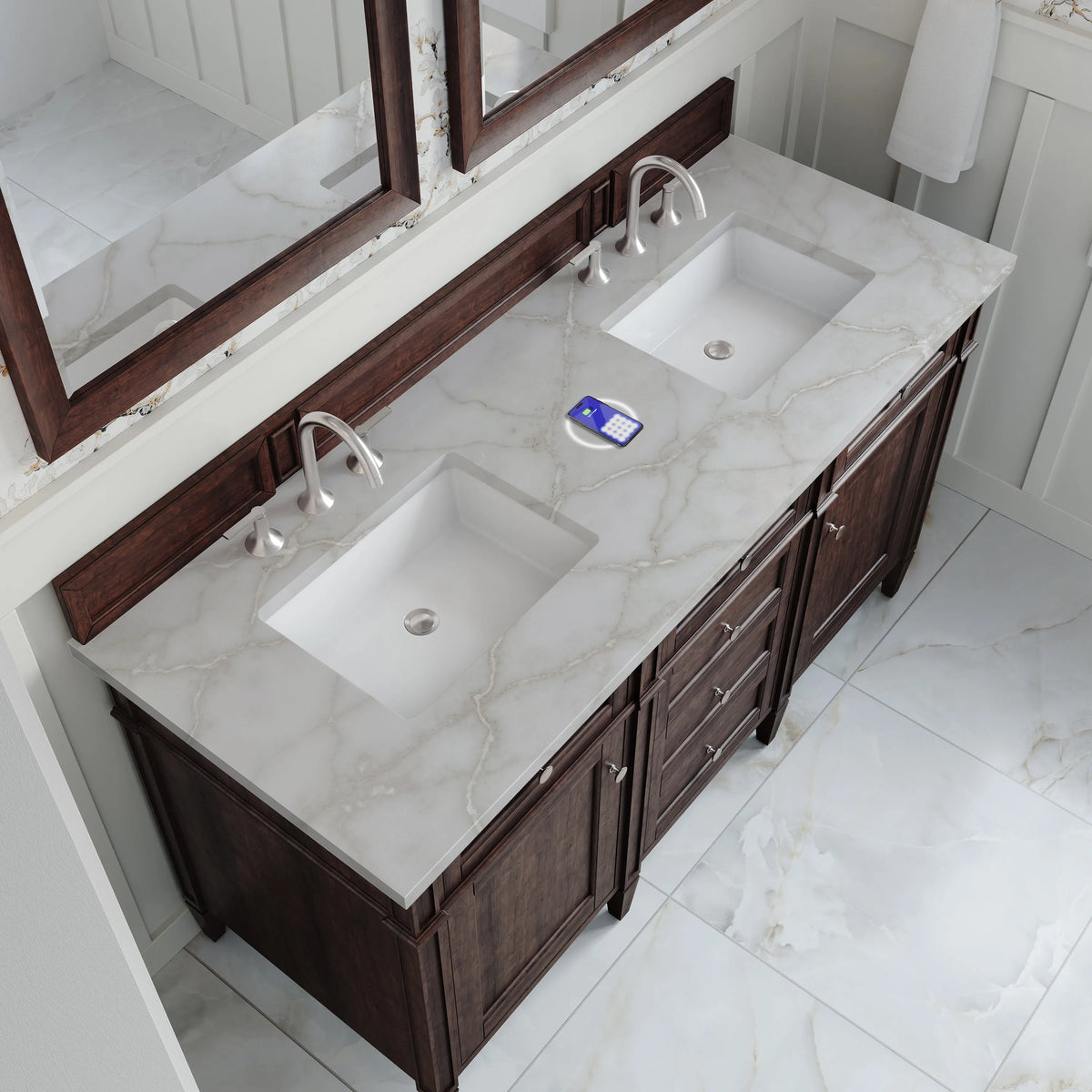 Brittany 60" Double Vanity, Burnished Mahogany w/ 3 CM Victorian Silver Silestone Top w/FreePower Wireless Charger