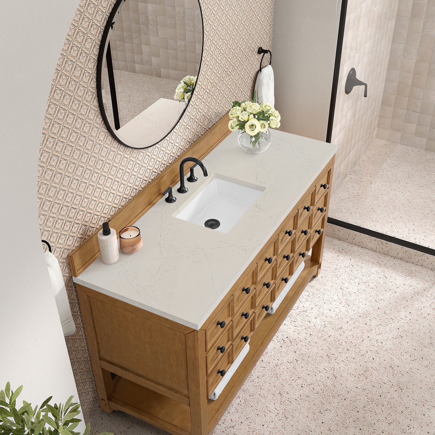 Renovate for Less Atlanta Malibu 60" Single Vanity, Amber Birch, w/ 3 CM Siberian Silestone Top