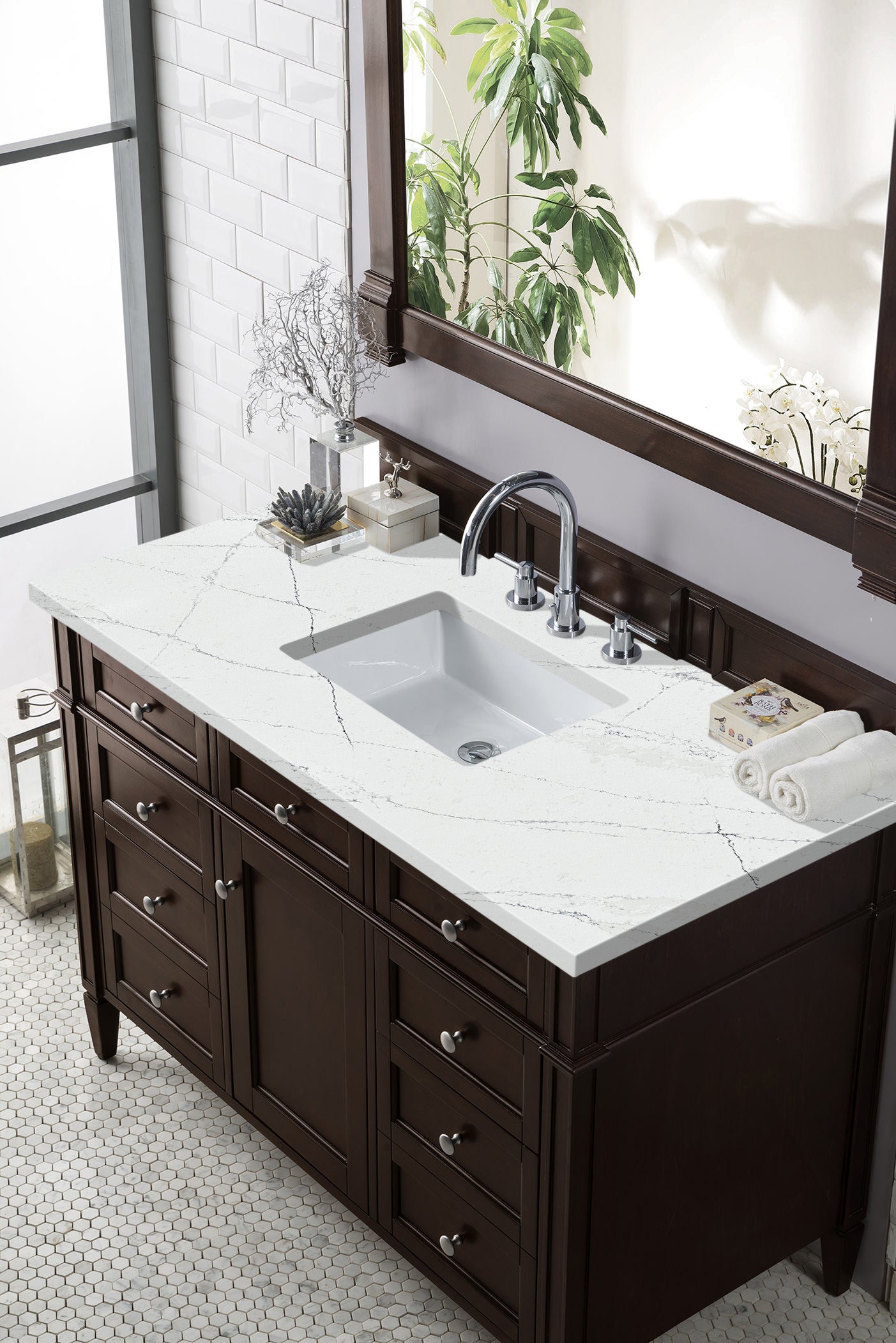 Renovate for Less Atlanta Brittany 48" Single Vanity, Burnished Mahogany w/ 3 CM Ethereal Noctis Silestone Top w/FreePower Wireless Charger