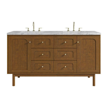 Renovate for Less Atlanta Laurent 60" Double Vanity, Honey Oak w/ 3 CM Carrara Marble Top