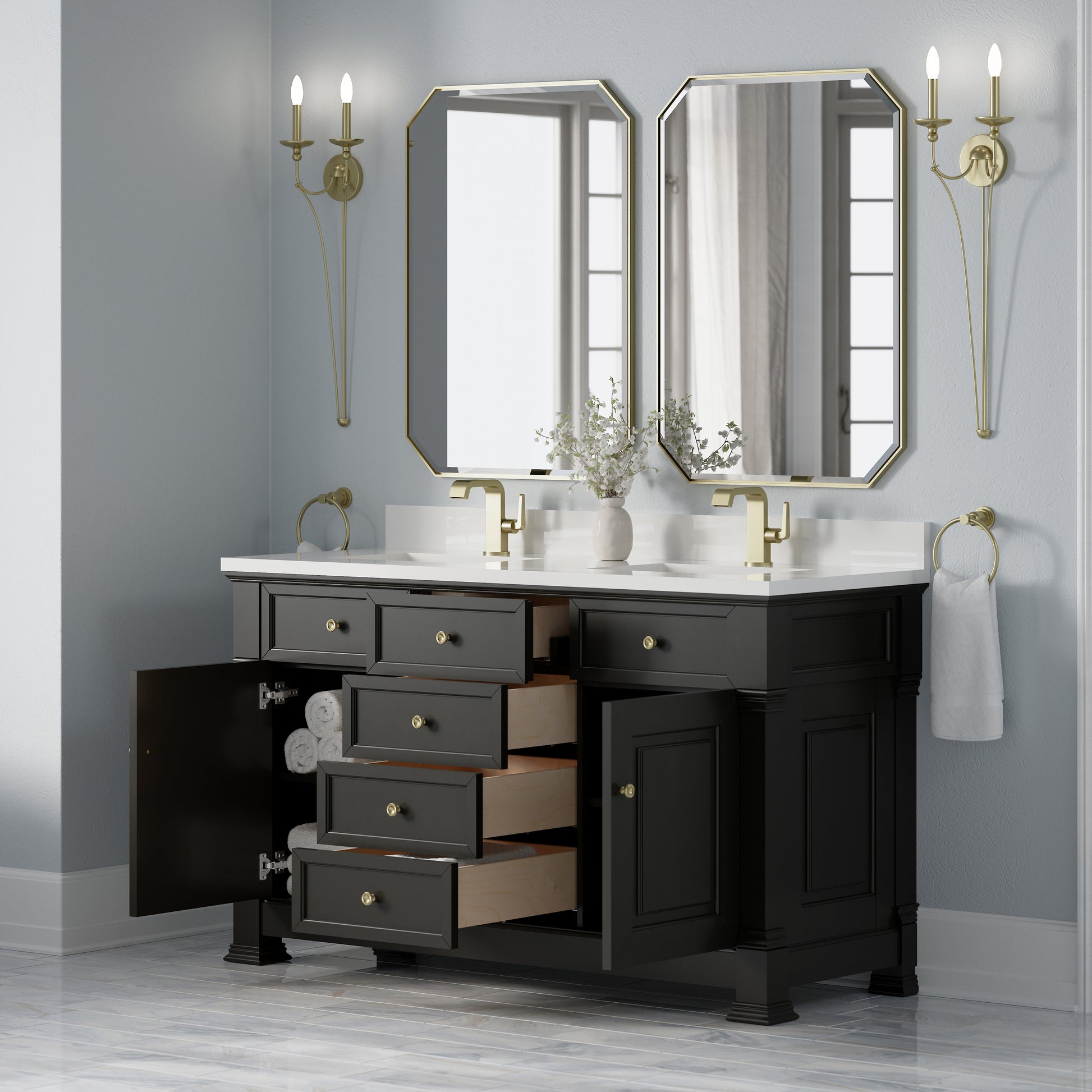 Renovate for Less Atlanta Brookfield 60" Double Vanity, Black Onyx w/ Single Hole 3CM White Zeus Silestone Top & Backsplash